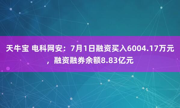 天牛宝 电科网安：7月1日融资买入6004.17万元，融资融券余额8.83亿元